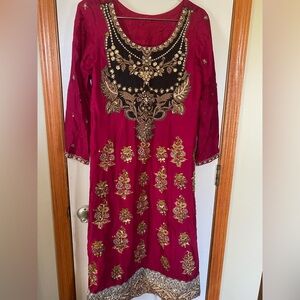 3 pc Pakistani clothes Indian shalwar kameez wedding shaadi red/ruby color.